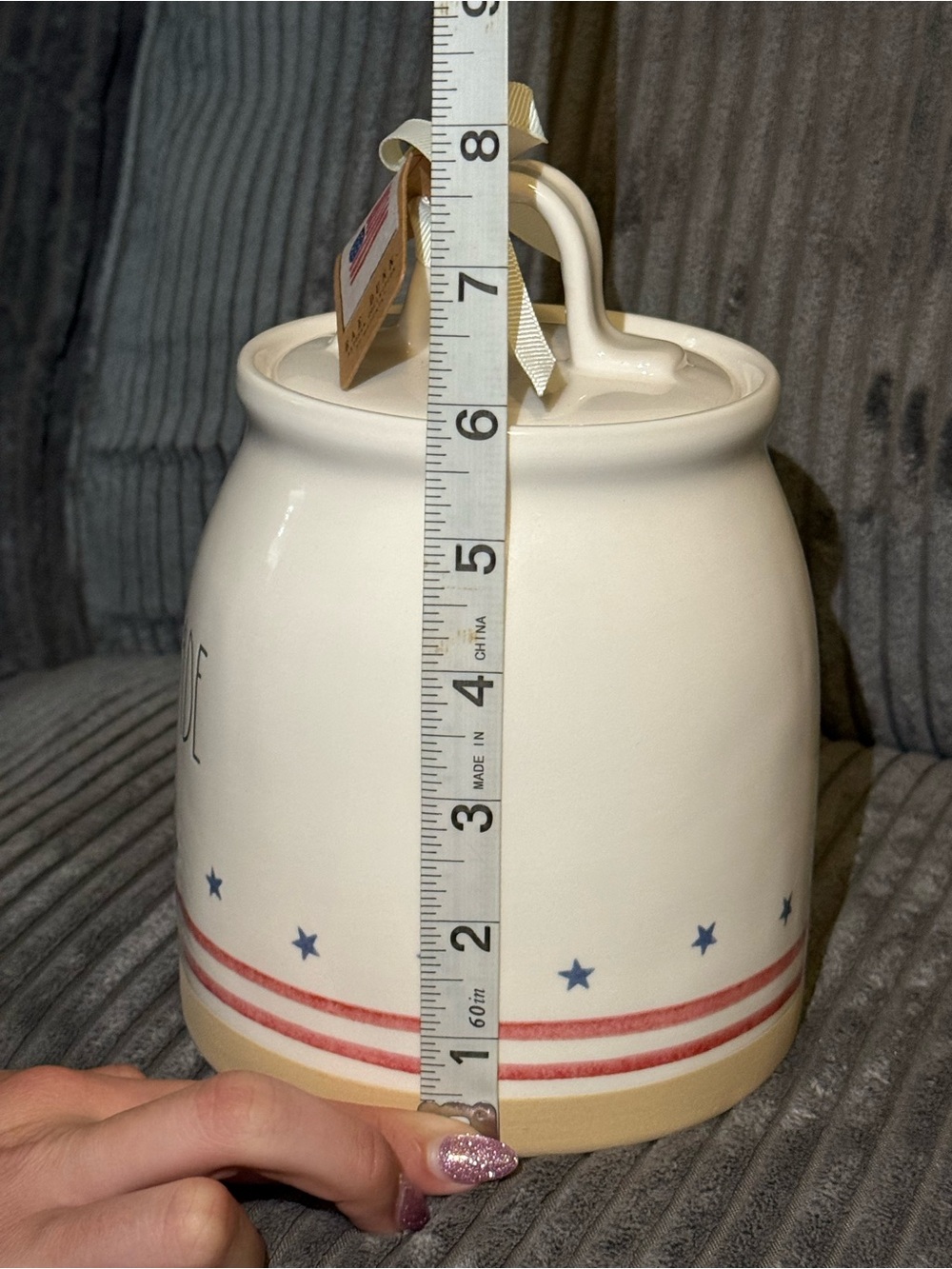 Rae Dunn White Ceramic Canister with Red Stripes & Blue Stars- HOMEMADE- NWT - Picture 4 of 7